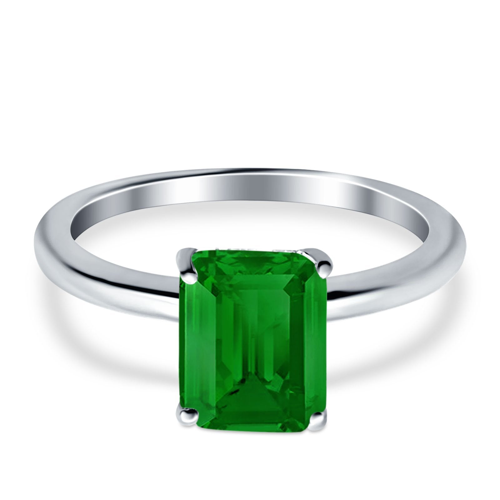 Emerald Simulated Cubic Zirconia Cathedral Engagement Ring 925 Sterling Silver Center Stone-(7mmx5mm)