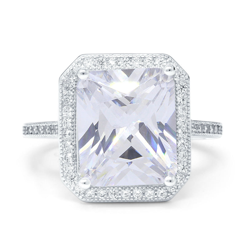 Halo Emerald Cut Engagement Ring Simulated Cubic Zirconia 925 Sterling Silver