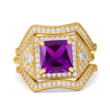 Princess Cut Vintage Art Deco Three Piece Bridal Set Wedding Ring Band Round Simulated Cubic Zirconia 925 Sterling Silver