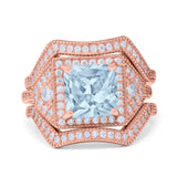 Princess Cut Vintage Art Deco Three Piece Bridal Set Wedding Ring Band Round Simulated Cubic Zirconia 925 Sterling Silver