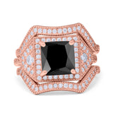 Princess Cut Vintage Art Deco Three Piece Bridal Set Wedding Ring Band Round Simulated Cubic Zirconia 925 Sterling Silver