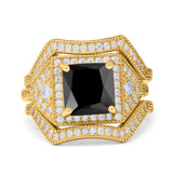 Princess Cut Vintage Art Deco Three Piece Bridal Set Wedding Ring Band Round Simulated Cubic Zirconia 925 Sterling Silver