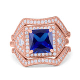 Princess Cut Vintage Art Deco Three Piece Bridal Set Wedding Ring Band Round Simulated Cubic Zirconia 925 Sterling Silver