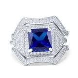 Princess Cut Vintage Art Deco Three Piece Bridal Set Wedding Ring Band Round Simulated Cubic Zirconia 925 Sterling Silver