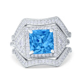 Princess Cut Vintage Art Deco Three Piece Bridal Set Wedding Ring Band Round Simulated Cubic Zirconia 925 Sterling Silver