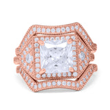 Princess Cut Vintage Art Deco Three Piece Bridal Set Wedding Ring Band Round Simulated Cubic Zirconia 925 Sterling Silver