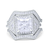 Princess Cut Vintage Art Deco Three Piece Bridal Set Wedding Ring Band Round Simulated Cubic Zirconia 925 Sterling Silver