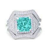 Princess Cut Vintage Art Deco Three Piece Bridal Set Wedding Ring Band Round Simulated Cubic Zirconia 925 Sterling Silver