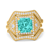 Princess Cut Vintage Art Deco Three Piece Bridal Set Wedding Ring Band Round Simulated Cubic Zirconia 925 Sterling Silver