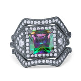 Princess Cut Vintage Art Deco Three Piece Bridal Set Wedding Ring Band Round Simulated Cubic Zirconia 925 Sterling Silver