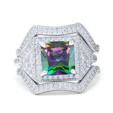 Princess Cut Vintage Art Deco Three Piece Bridal Set Wedding Ring Band Round Simulated Cubic Zirconia 925 Sterling Silver