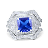 Princess Cut Vintage Art Deco Three Piece Bridal Set Wedding Ring Band Round Simulated Cubic Zirconia 925 Sterling Silver