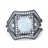 Princess Cut Vintage Art Deco Three Piece Bridal Set Wedding Ring Band Round Simulated Cubic Zirconia 925 Sterling Silver