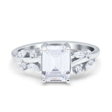 Emerald Cut Art Deco Engagement Wedding Bridal Ring Round Simulated Cubic Zirconia 925 Sterling Silver