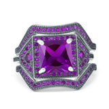 Three Piece Ring Band Flower Art Deco Princess Cut Wedding Bridal Ring Round Amethyst Simulated Cubic Zirconia 925 Sterling Silver