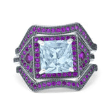 Three Piece Ring Band Flower Art Deco Princess Cut Wedding Bridal Ring Round Amethyst Simulated Cubic Zirconia 925 Sterling Silver