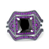Three Piece Ring Band Flower Art Deco Princess Cut Wedding Bridal Ring Round Amethyst Simulated Cubic Zirconia 925 Sterling Silver
