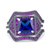 Three Piece Ring Band Flower Art Deco Princess Cut Wedding Bridal Ring Round Amethyst Simulated Cubic Zirconia 925 Sterling Silver