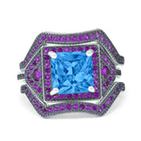 Three Piece Ring Band Flower Art Deco Princess Cut Wedding Bridal Ring Round Amethyst Simulated Cubic Zirconia 925 Sterling Silver