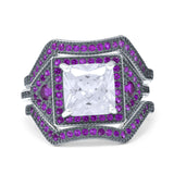 Three Piece Ring Band Flower Art Deco Princess Cut Wedding Bridal Ring Round Amethyst Simulated Cubic Zirconia 925 Sterling Silver