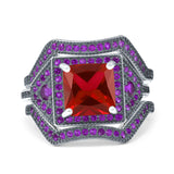 Three Piece Ring Band Flower Art Deco Princess Cut Wedding Bridal Ring Round Amethyst Simulated Cubic Zirconia 925 Sterling Silver