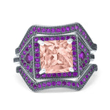 Three Piece Ring Band Flower Art Deco Princess Cut Wedding Bridal Ring Round Amethyst Simulated Cubic Zirconia 925 Sterling Silver