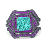 Three Piece Ring Band Flower Art Deco Princess Cut Wedding Bridal Ring Round Amethyst Simulated Cubic Zirconia 925 Sterling Silver