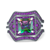 Three Piece Ring Band Flower Art Deco Princess Cut Wedding Bridal Ring Round Amethyst Simulated Cubic Zirconia 925 Sterling Silver
