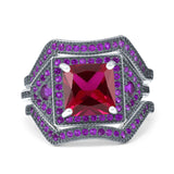 Three Piece Ring Band Flower Art Deco Princess Cut Wedding Bridal Ring Round Amethyst Simulated Cubic Zirconia 925 Sterling Silver