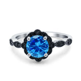 Flower Art Deco Wedding Ring Round Black Simulated Cubic Zirconia 925 Sterling Silver