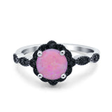 Flower Art Deco Wedding Ring Round Black Simulated Cubic Zirconia 925 Sterling Silver