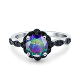 Flower Art Deco Wedding Ring Round Black Simulated Cubic Zirconia 925 Sterling Silver