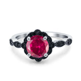 Flower Art Deco Wedding Ring Round Black Simulated Cubic Zirconia 925 Sterling Silver