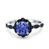 Flower Art Deco Wedding Ring Round Black Simulated Cubic Zirconia 925 Sterling Silver