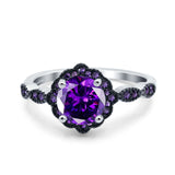Flower Art Deco Engagement Ring Round Amethyst Simulated Cubic Zirconia 925 Sterling Silver