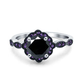 Flower Art Deco Engagement Ring Round Amethyst Simulated Cubic Zirconia 925 Sterling Silver