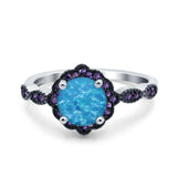 Flower Art Deco Engagement Ring Round Amethyst Simulated Cubic Zirconia 925 Sterling Silver
