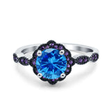 Flower Art Deco Engagement Ring Round Amethyst Simulated Cubic Zirconia 925 Sterling Silver