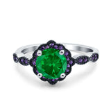 Flower Art Deco Engagement Ring Round Amethyst Simulated Cubic Zirconia 925 Sterling Silver