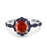 Flower Art Deco Engagement Ring Round Amethyst Simulated Cubic Zirconia 925 Sterling Silver