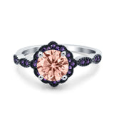 Flower Art Deco Engagement Ring Round Amethyst Simulated Cubic Zirconia 925 Sterling Silver