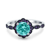 Flower Art Deco Engagement Ring Round Amethyst Simulated Cubic Zirconia 925 Sterling Silver