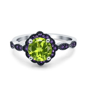 Flower Art Deco Engagement Ring Round Amethyst Simulated Cubic Zirconia 925 Sterling Silver