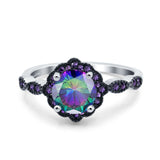 Flower Art Deco Engagement Ring Round Amethyst Simulated Cubic Zirconia 925 Sterling Silver
