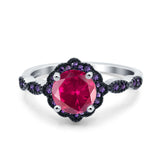 Flower Art Deco Engagement Ring Round Amethyst Simulated Cubic Zirconia 925 Sterling Silver