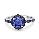 Flower Art Deco Engagement Ring Round Amethyst Simulated Cubic Zirconia 925 Sterling Silver
