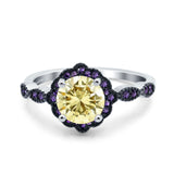 Flower Art Deco Engagement Ring Round Amethyst Simulated Cubic Zirconia 925 Sterling Silver
