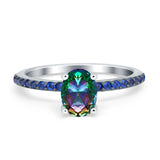 Oval Art Deco Engagement Ring Side Stone Simulated Blue Sapphire 925 Sterling Silver