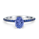 Oval Art Deco Engagement Ring Side Stone Simulated Blue Sapphire 925 Sterling Silver