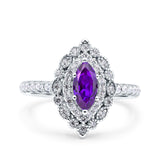 Halo Vintage Style Art Deco Solitaire Accent Marquise Wedding Engagement Ring Round Simulated Cubic Zirconia 925 Sterling Silver